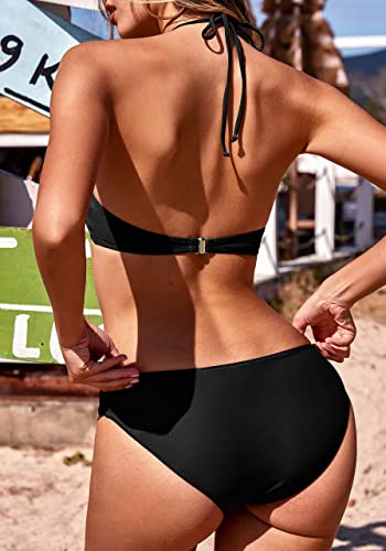 Ekouaer Womens Swimwear, Forest Leaves Printing Set, High Neck Halter Bikini Swimsuit, X-Small, Black Floral #TOP1