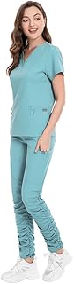 niaahinn Scrub Set Classic V-Neck Top & Jogger Pant Multi-Pocket Medical Uniform for Women (Light Blue,XL,X-Large)