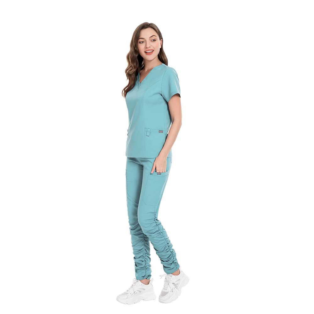 niaahinn Scrub Set Classic V-neck Top & Jogger Pant Multi-Pocket Medical Uniform for Women (Light Blue,M,Medium)