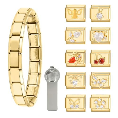 papasgix Italian Charm Bracelet Gold Set with Starter Brascelet, Assorted Diamond Animals Charms and Opening Tools, 9mm Modular Italian Charm Bracelet Links Handmade DIY Jewelry