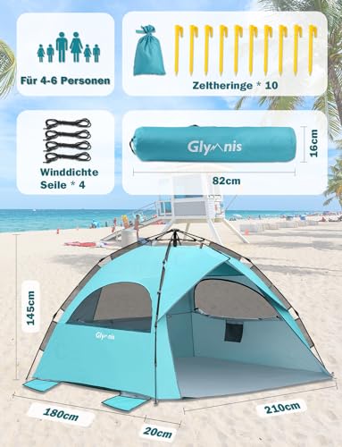 Glymnis Strandmuschel Quick Up Strandzelt Automatisches Strand Zelt UV-Schutz 50+ Windschutz kleines Packmaß Blau Strandzelt für 4 bis 6 Personen