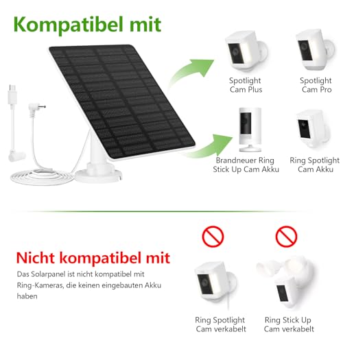 Solarmodul für Ring Kamera 2PCS, GuKKK 5W Kamera Solarpanel kompatibel mit Ring Spotlight Cam/Pro/Plus Akku & Stick Up Cam/Pro Akku mit Barrel Plug 4M Ladekabel IP65 Wasserdicht Solar Ladegerät