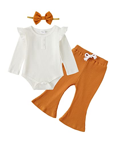Image of DISAUR Baby Girls Clothes Newborn Infant Baby Girls Outfit Long Sleeve Ruffle Romper Floral Pants Headband Sets 0-18 Months