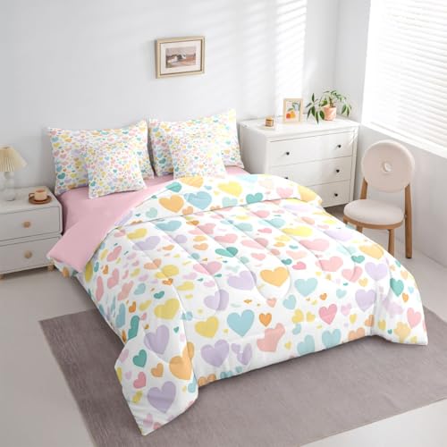 Image of Erosebridal Girls Heart Pattern 7 Piece Comforter Set Twin Rainbow Heart Bed in A Bag Kawaii Valentine Theme Bedding Sets for Kids Girls Cartoon Geometric Sheet Set with Comforter