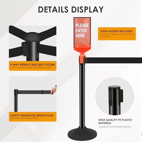 Image of 6 Pack Stanchions with Retractable Belts - Heavy Duty Crowd Control Barriers with Weighted Rubber Base, Retractable Belt Stanchions for Queue Line, Events, Public Safety(Black,6 Pack)