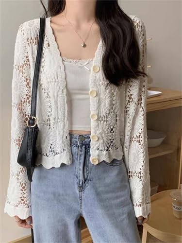Cutout Embroidered V-Neck Button Long Sleeve Top, Besidewith Hollow Half Sleeve Cardigan, Besidewith Top4