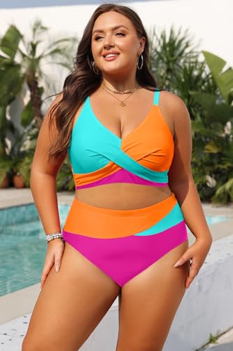 Image of Tempt Me Plus Size High Waisted Two Piece Swimsuit Color Block Bikini Set | Removable Padded Cups for Large Bust, Twist front Design, Color Block Style, Adjustable Straps