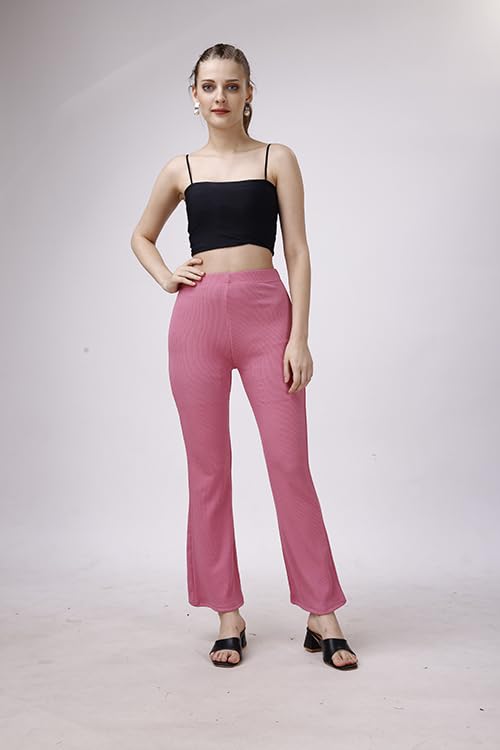 Image of Bhochi Western Trousers Pants for Women | Stretchable Yoga Pants | Boot Cut Ribbed Trouser| Bell Bottom Trousers for Women