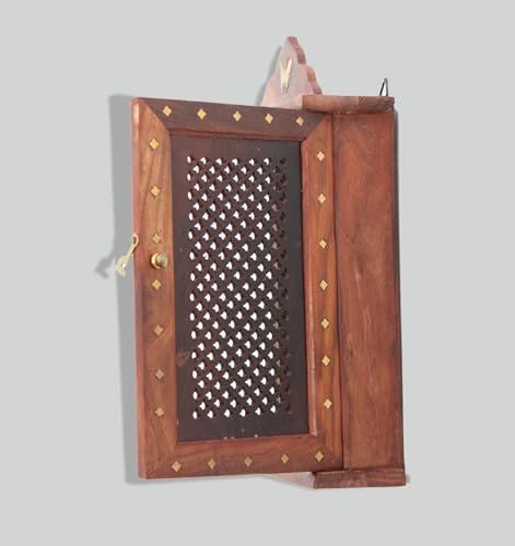 Image of Wooden Key Holder Almirah Design | Square Design | Size:- H11 X L6.5 (Jharokha Design) | Wall Hanging Decor