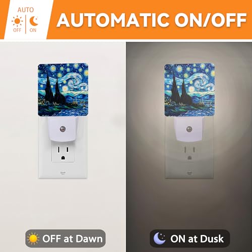 Image of Van Gogh Starry Night Night Lights Plug into Wall Decorative Night Light Dusk to Dawn LED Lamp for Bedroom Bathroom Living Room