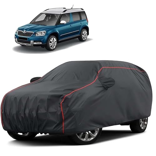 Image of Sulfar 100% Water Resistant Car Body Cover Compatible with Mirror for Skoda Yeti (Triple Stitched, Full Bottom Elastic, Dark Grey Taffeta with Red Piping)
