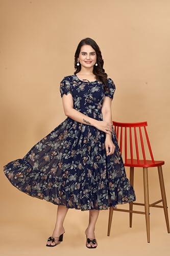 Image of Women's Georgette Dresses Floral Printed One Piece Stylish Long Maxi Western Frock Midi Dress for Women (Puffed Sleeves) for Gals