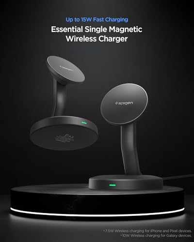 Spigen Essential 15W MagSafe Ladegerät [inkl. 60W USB-C Kabel] Magnetische Kabellose Ladestation für iPhone 17 16 15 14 Pro Max 17e & MagSafe Hüllen für Galaxy S26 S25, Pixel 10a 10 9 Pro XL - Schwarz