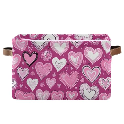PaChyLuu Valentine Heart Pink Storage Basket Bin Canvas Fabric Organizer Toys Basket with Handles for Home Office Nursery, Clothes, Gifts, 1 Pcs