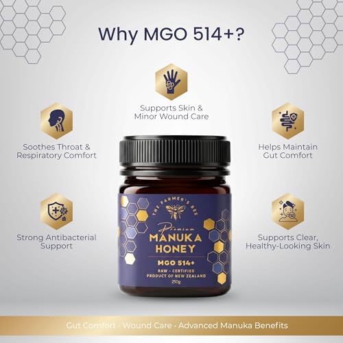 Image of THE FARMER'S BEE New Zealand Manuka Honey MGO 514+ (15+) | Monofloral Raw Honey | MGO Tested | Premium Imported Honey | Natural Face Mask, Skin Care & Minor Cuts | Throat & Respiratory Wellness | 250g