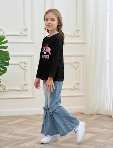 Image of Toddler Girl Clothes Long Sleeve Cartoon & Letter Graphic Top + Fruit Stationery Print Flared Leg Pants