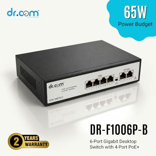 Image of dr.com 6 Port Gigabit PoE Switch with 4 PoE Ports and 2 Uplink Ports 10 /100 /1000 Mbps 65W Power IEEE 802.3af /at for CCTV IP Camera Network Switch Plug and Play Metal Body Black