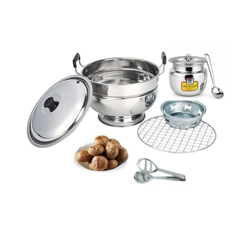 Image of Stainless Steel Bati Cooker & Gas Tandoor for Home Kitchen | Free Multipurpose SS Tong | Multi-Purpose Gas Oven with Heavy Duty Lid, Dual Riveted Handle (Ultra Pro with Heavy Duty Ghee Pot)
