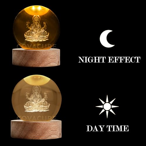 Image of COVACURE 3D Ganesh Crystal Ball Night Lamp, Crystal Ball Night Light with USB, LED Wooden Base Table Lamp for Bedroom Home Office Decor Birthday Gift for Boys Girls (Ganesha 3D Lamp)