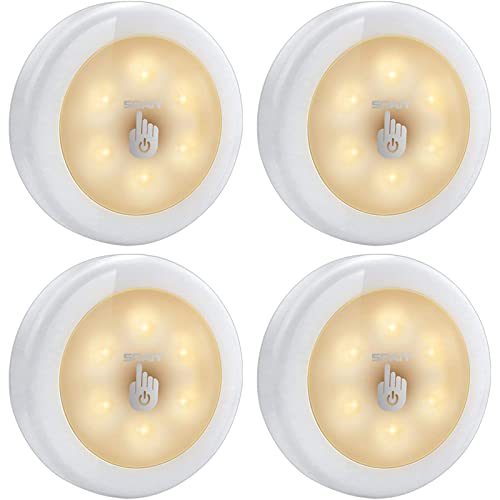 SOAIY LED Lampara con Sensor al Tacto, Brillo Ajustable, Luz Nocturna con Pilas, Luces de Noche, Fijar en Pared, con Almohadillas, 4 Pcs Blanco Cálido Cover