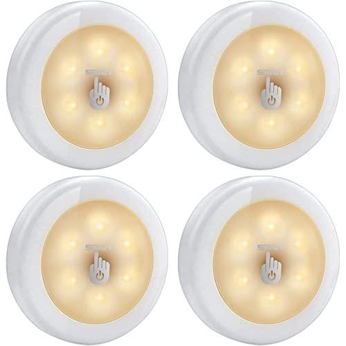 SOAIY LED Lampara con Sensor al Tacto, Brillo Ajustable, Luz Nocturna con Pilas, Luces de Noche, Fijar en Pared, con Almohadillas, 4 Pcs Blanco Cálido