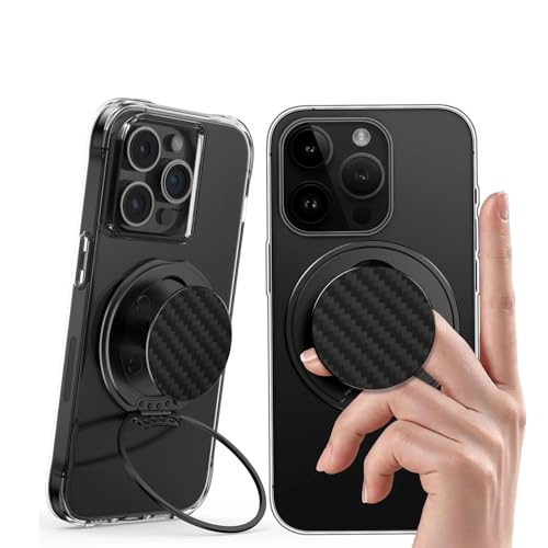 Magnetic Phone Ring Grip,Ultra Thin Phone Kickstand with Finger Loop Strap, Lightweight Phone Ring Holder for Mag Safe iPhone 16/15/14/13/12 Series (Carbon Fiber)