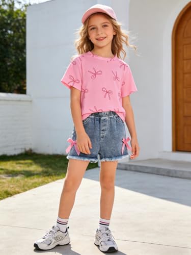 Image of Azmxynol Kid Girls Clothes Outfits Bowknot T-Shirt + 2 In 1 Denim Short Skort Summer Clothing Set, Size 4-10 Years