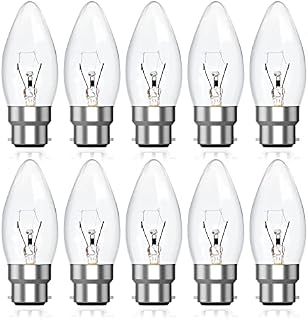 Luxvista Clear Candle Bulbs Bayonet 40W Dimmable Large Bayonet Candle Light Bulb, BC Candle Bulbs, C35 B22 Incandescent Lamps, Classic 240v Tungsten Lightbulbs Bayonette, Warm White 2600K (10-Pack)