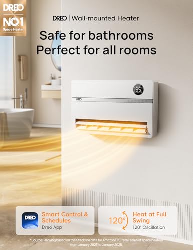 Image of DREO Wall Heater for Bathroom, Smart Space Heaters with ALCI Plug, 1500W, 120 Vertical Oscillation, Adjustable Thermostat, 24H Timer, Easy Installation Electric Heater for Indoor use, Bedroom, Office