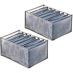 SANTUKEY Wardrobe Clothes Organizer, 7 Grids Washable Portable Closet Organizer Mesh Separation Storage Box Foldable Closet Drawer Organizer for Underwear, Socks, Scarves, Jeans (Grey, 2 Jeans Grid)