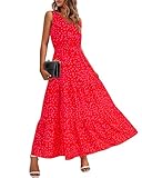 BTFBM Women Casual Summer Tiered Dresses Sleeveless Maxi Dresses Bohemian Floral V Neck Wedding Guest Long Dresses(Red Flower,Medium)