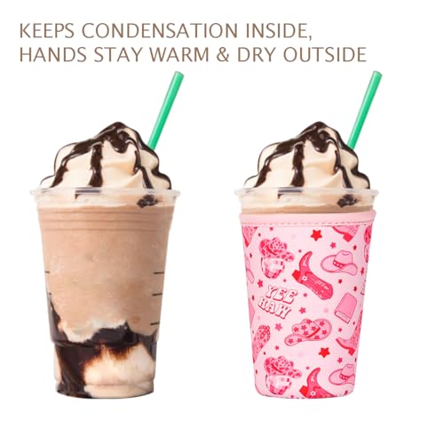 Image of Reusable Insulated Neoprene Iced Coffee Cup Sleeve, Durable Drink Sleeve for Cold Beverages, Beverage Holder for Iced Coffee (Pink Cowgirl)