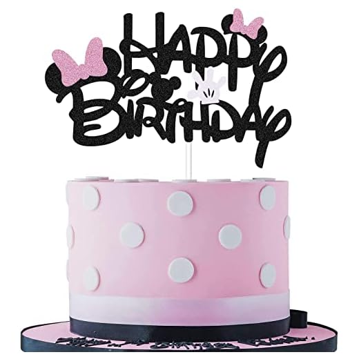 Black Glitter Minnie Inspired Happy Birthday Cake Topper with Pink Bows and White Gloves Girls Birthday Party Decorations Supplies