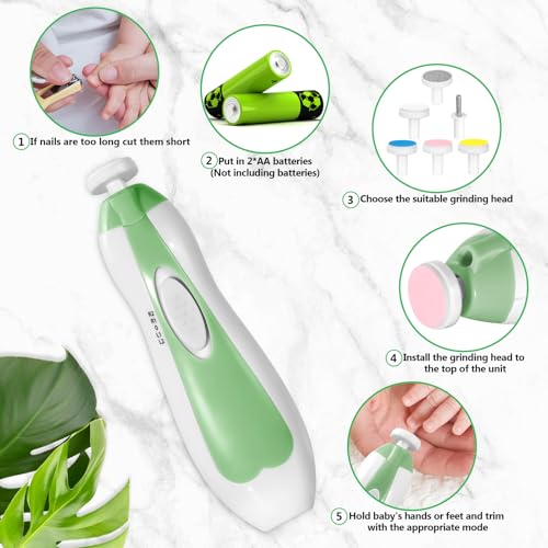 Image of Qunlions life Electric Baby Nail Trimmer, 6 in 1 Baby Nail Clippers, Baby Nail File, Nail File, Baby Care Kit, Manicure Set for Toddlers, Newborn or Adults (Green)
