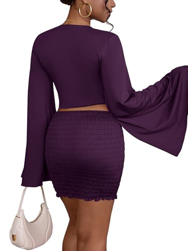 Image of LYANER Women 2 Piece Vacation Outfits Tie Knot Front Bell Long Sleeve Crop Top and Mini Skirt Summer Set