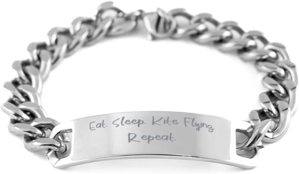 Unique Idea Kite Flying Cuban Chain Bracelet, Eat. Sleep, Gifts for Friends, Present from, Engraved Bracelet for Kite Flying