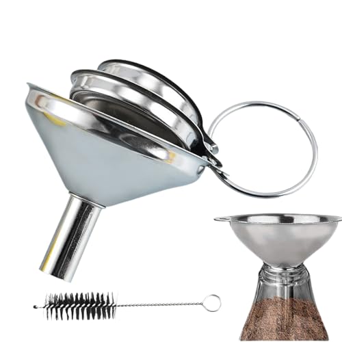 Juego de embudo de acero inoxidable, embudos de metal para uso de la cocina, Pequeños embudos para llenar botellas, Herramienta de transferencia de grado alimenticio con cepillo de limpieza
