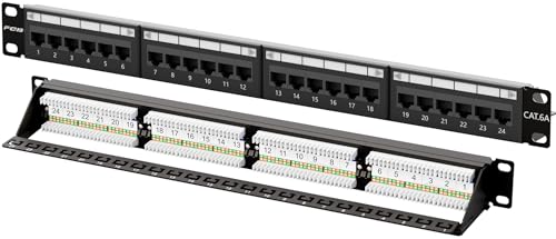 FGB 10Gbps Cat6A Patch Panel, 24-Port RJ45 Ethernet Patch Panel for 19" Rackmount or Wall Mount, 1U Network Panel for Gigabit Networks