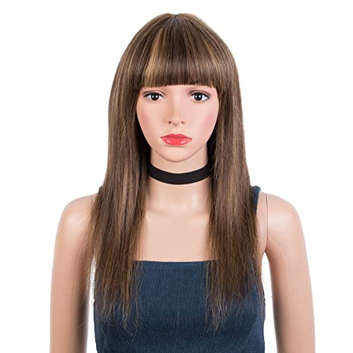 JOEDIR LUX Highlight Human Hair Wig with Bangs Straight Machine Made Wig Virgin Remy Hair Ash Brown Color for Black Women (16 INCH, P4/27)