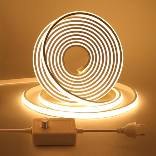 KISUFU 220V Ruban LED COB, Flexible Led Bande Neon Bandeau avec Gradateur，Étanche IP65 LED Bande Lumineuse pour Chambre, Jardin, Plafond Décoration,1M,Blanc chaud