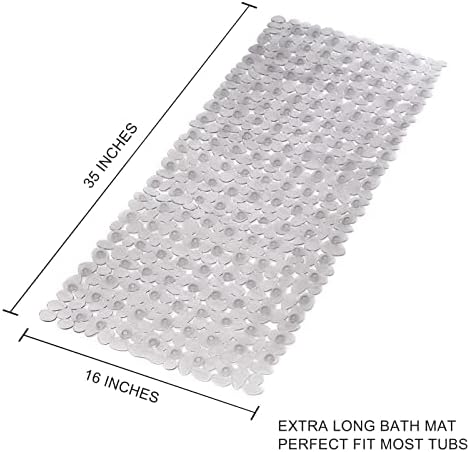 Yeahshion Bath Mat Non-Slip with Suction Cups & Drain Holes,88 x 40 CM PVC Rectangle Pebbles Shower Mat Anti Mould Machine Washable for Bathroom Bathtub,Clear Grey