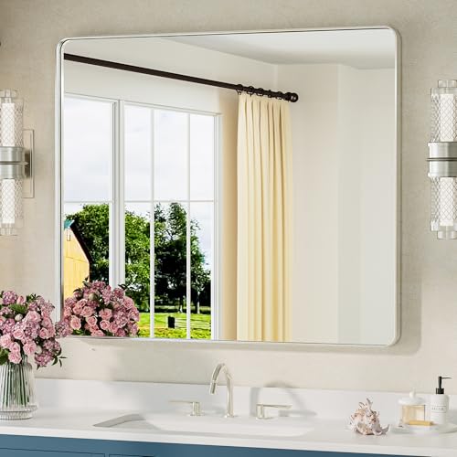 Image of TETOTE 42 x 36 Inch Brushed Nickel Mirror Metal Framed Bathroom Mirror, Tempered Glass, Modern Farmhouse Wall Mounted Mirror for Decorative(Horizontal /Vertical)