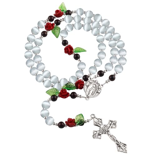 8mm White Cat's Eye Beads Catholic Rosary Necklace with Coral Rose Glory Beads in Virgin Mary PU Leather Bag for Women