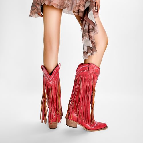 Image of Fringe Cowboy Boots for Women Wide Calf Embroidered Tassal Cowgirl Boot Knee High Snip Toe Pull On Western Shoes