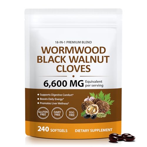 18-in-1 Wormwood Black Walnut Clove Herbal Softgels, 6600mg Serving, Rapid Gut Cleanse & Digestive Health with Black Walnut Hull, Wormwood, Clove, Garlic, Oregano, Pumpkin Seed, Easy-to-Swallow