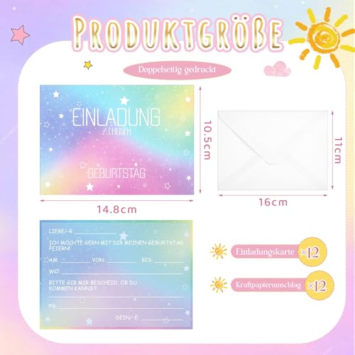 Clabby 12 Sets Glitzer Regenbogen Einladungskarten zum Kindergeburtstag mit 12 Briefumschläge Regenbogen Geburtstag Einladung für Mädchen Jungen Partyeinladungen OHNE Kinderschokolade