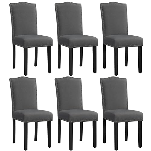 Yaheetech Lot de 6 Chaises de Salle à Manger avec Haut Dossier Design Boutons Bronzés Chaises de Cuisine en Tissu pour Table à Manger, Fauteuil de Salon...