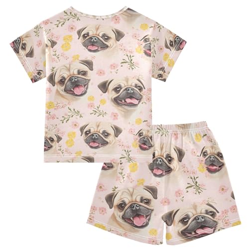 ALAZA Pug Dog Flower Cartoon Pajamas Set Short Sleeve Cotton Sleepwear Summer Pjs 2 Piece 5-14Y2