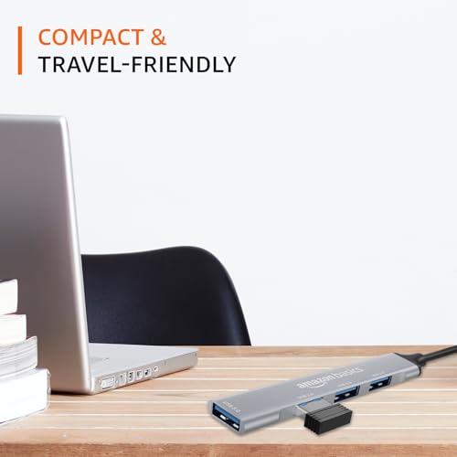 Image of Amazon Basics 4-in-1 USB C Hub, Type C Multiport with 1 x USB 3.0 & 3 x USB 2.0 Ports, up to 5 Gbps High Speed Data Transfer for Laptop, MacBook, PC (Grey)