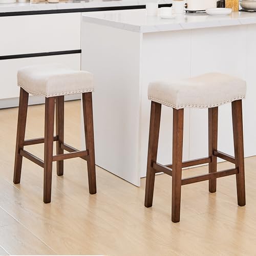 PrimeZone Counter Height Bar Stools Set of 2 – Backless Saddle Barstools with 4.3″ Thick Upholstered, Nailhead Trim Linen Fabric & Solid Wood Legs, 26 Inch Counter Stools for Kitchen Island, Beige
